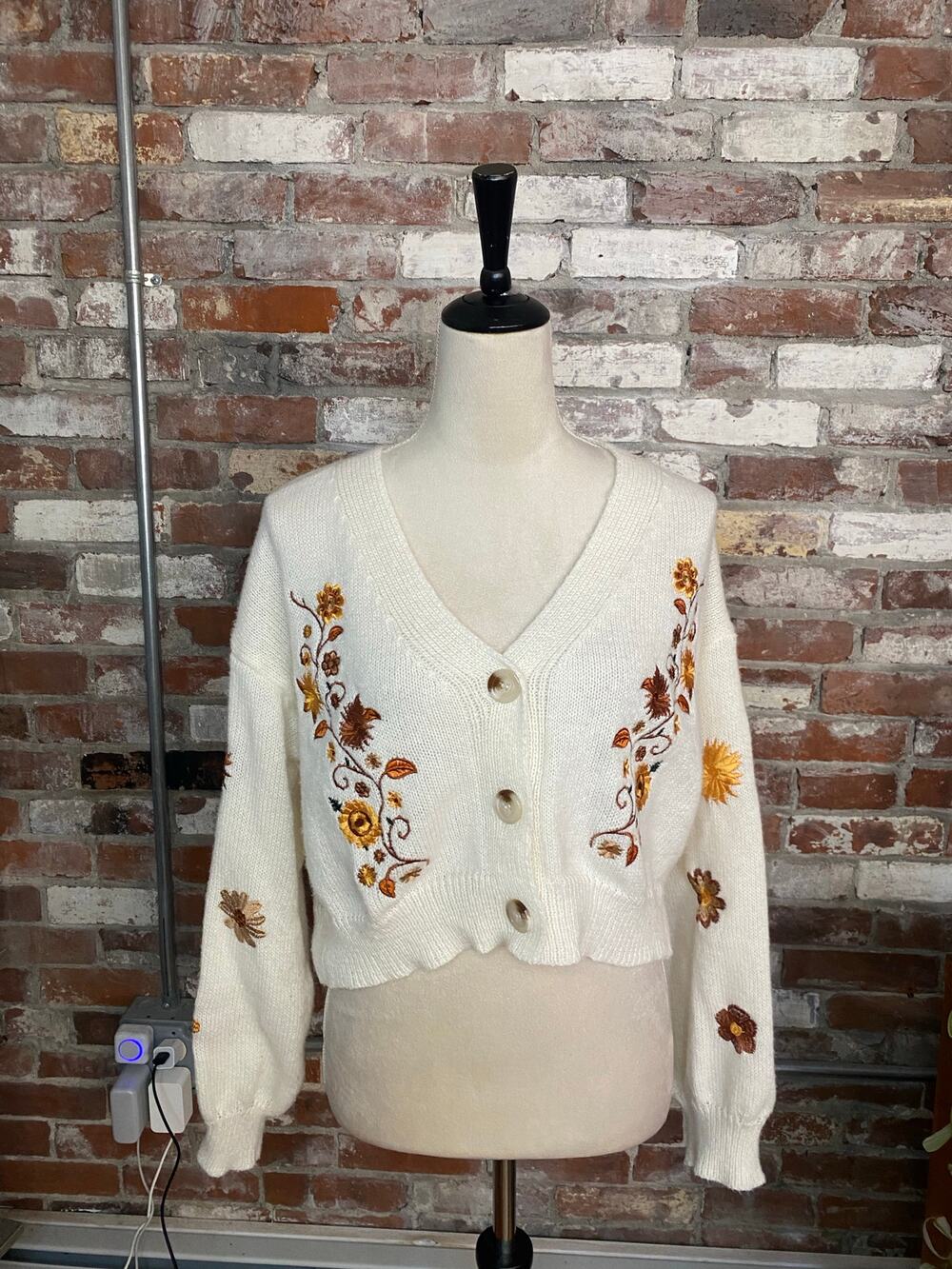 Floral Boho Cardigan Sweater Cottagecore Embroidery Button Down Knit